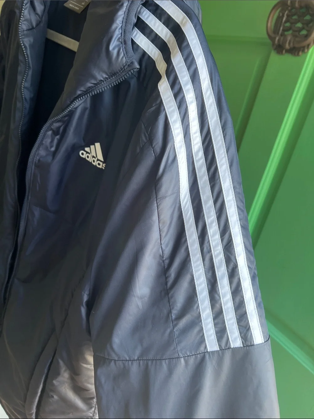 adidas women’s Navy Hooded Quilted Puffer Jacket with White Stripes Size Large
